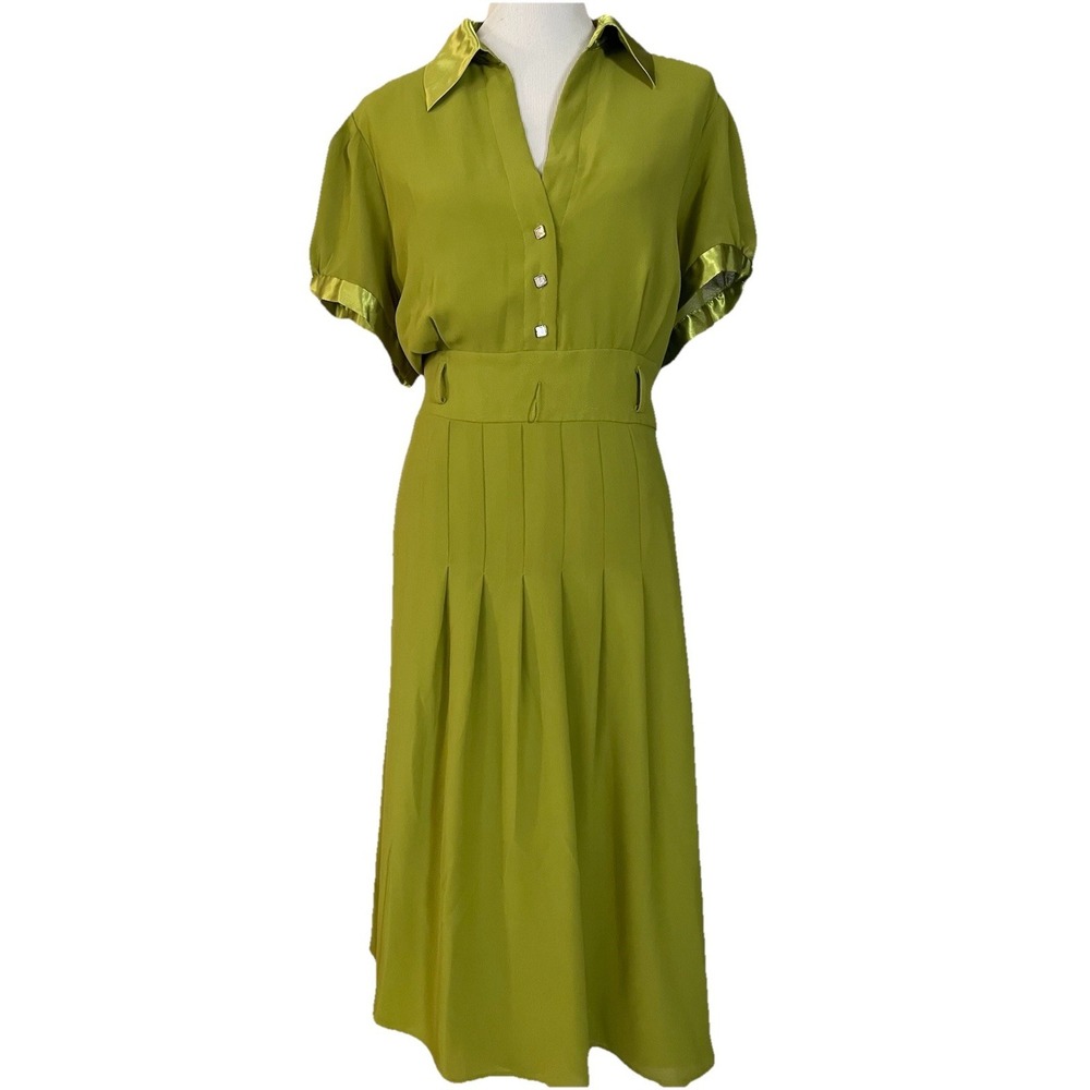 90s Jessica London Midi Dress 20W Green Pleated Satin Trim Buttons Career